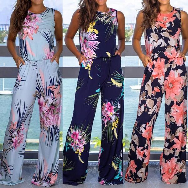 

women loose sleeveless floral print rompers high waist long jumpsuit, Black;white