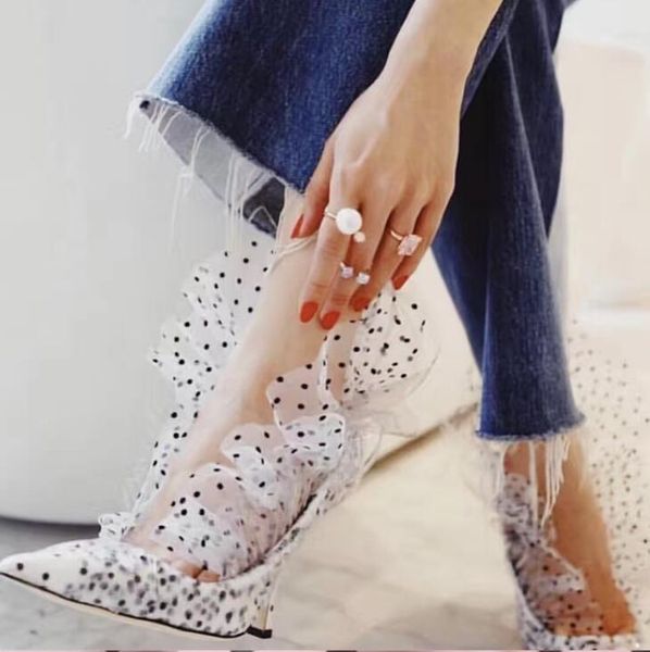 

sestito 2021 style girls sweety dot print high heels pumps ladies pointed toe mesh dress runway shoes women slip-on shoes, Black