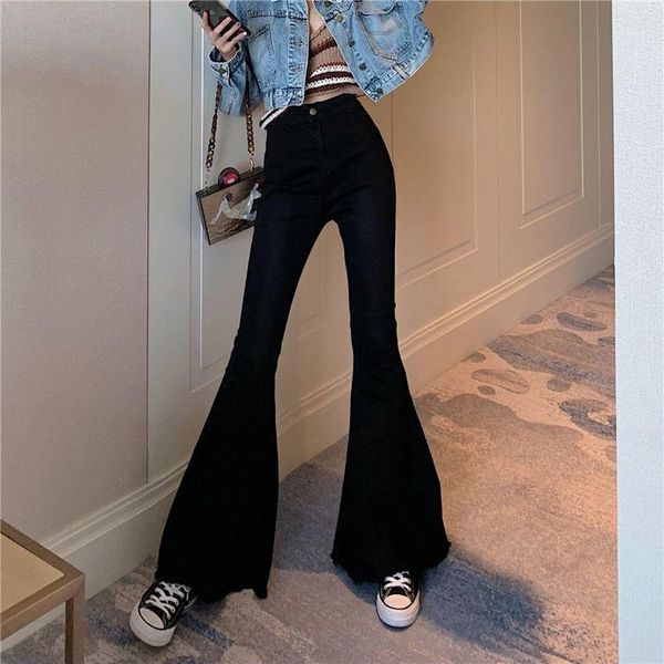 

women's jeans fashion tassel bell bottom blue skinny denim pants retro trousers female streetwear stretching high waist flare women