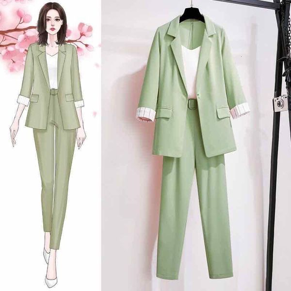 

2021 summer fine cotton and casual linen ladies suit chic outfits unique breasted blazer jacket + long pants 2 joint h177 uabr, Black;brown