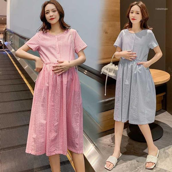 

6928# maternity clothes summer short sleeve easy matching loose stylish striped dress for pregnant women mom dress1, White