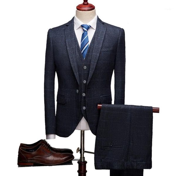 

men's suits & blazers men nice slim fit 3 piece set plaid stylish wedding male business casual formal wear dress jacket pants vest, White;black