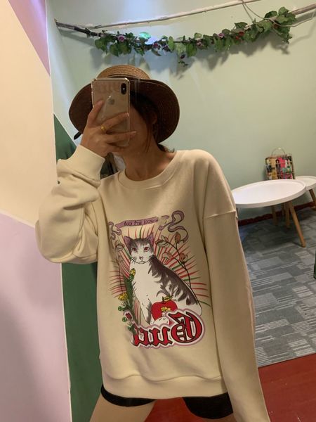 

21 designer women pulloverg sweater big terry round neck cat print lovers loose simple fashion letter fashion brand, Black