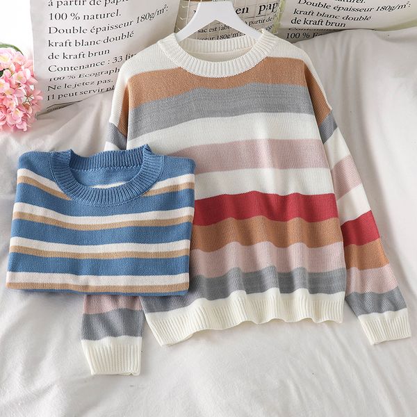 

2021 new harajuku institute wind hit color stripe sweaters women autumn casual o-collar knit sweater female pullovers z751, White;black