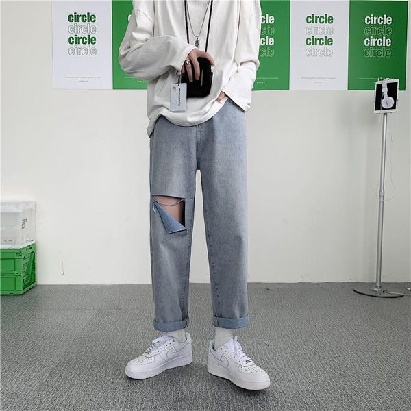 

summer ripped jeans men korean fashion loose casual straight-leg jeans men harajuku streetwear hip-hop denim ankle-length pants, Blue