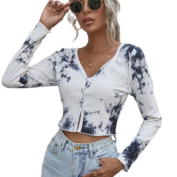 

women's fashion short cardigan female 2021 tie dye button v neck long sleeve slim thin knitted cardigan spring women clothes, White