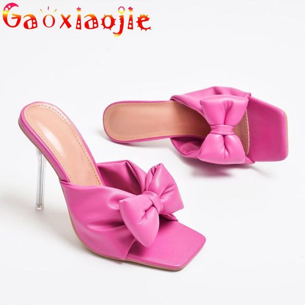 

slippers gaoxiaojie women 2021 summer butterfly-knot square end peep toe sandals comfortable fashion high heel office shoes, Black