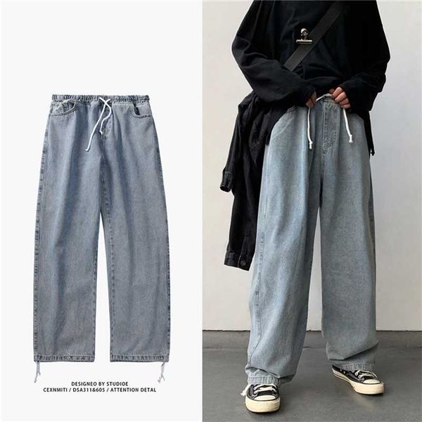 

korean style loose wide leg jeans for men blue baggy denim pants kpop clothes fashion jeansy ulzzang cargo jeans male 211011