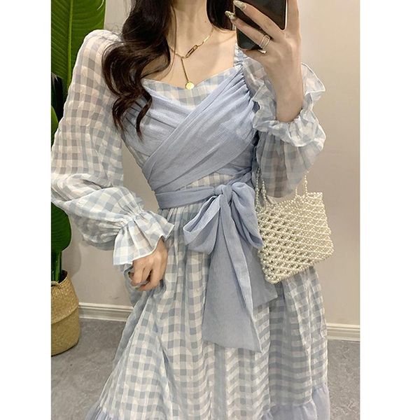 

casual dresses hstar spring and autumn french retro bubble long-sleeved tie ruffled plaid dressmid-length princess blue sweet temperament dr, Black;gray