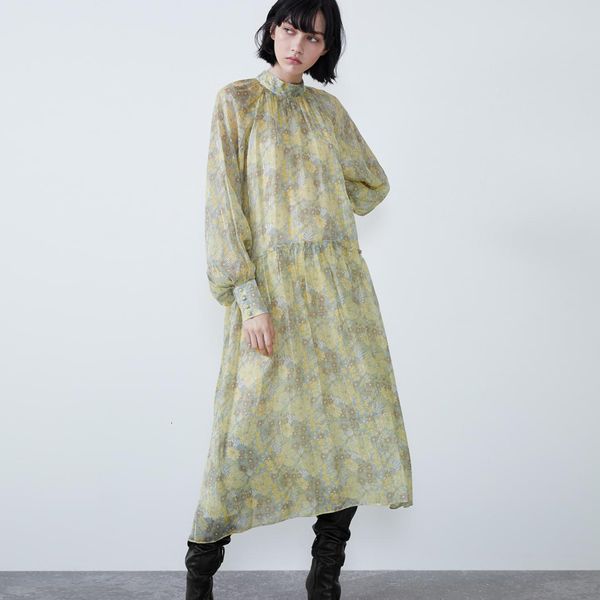 

2021 new midi vintage yellow floral print chiffon long sleeve autumn dress women dresses female vestidos br2p, White