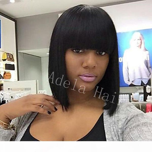 

short bob wigs black wig for women with bangs straight human hair wig natural real hair 10-12inch, Black;brown