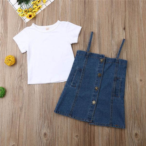 

new 1-4t 2pcs summer clothing toddler baby girl outfit girls cotton shirt denim strap dress kid casual clothes set, White