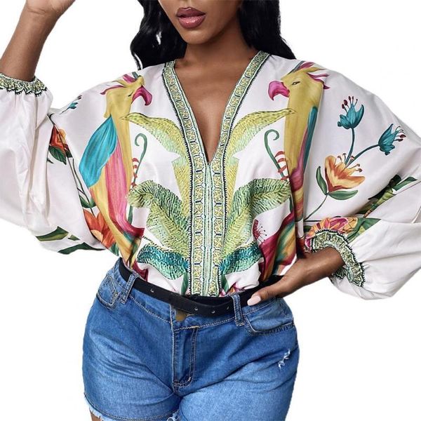 

women's blouses & shirts tropical print batwing sleeve women blouse autumn v-neck bohemia loose elegant streetwear casual, White