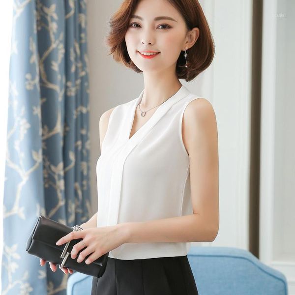 

women's blouses & shirts summer white shirt blouse women elegant casual sleeveless chiffon office ladies blusas mujer loose solid xxl