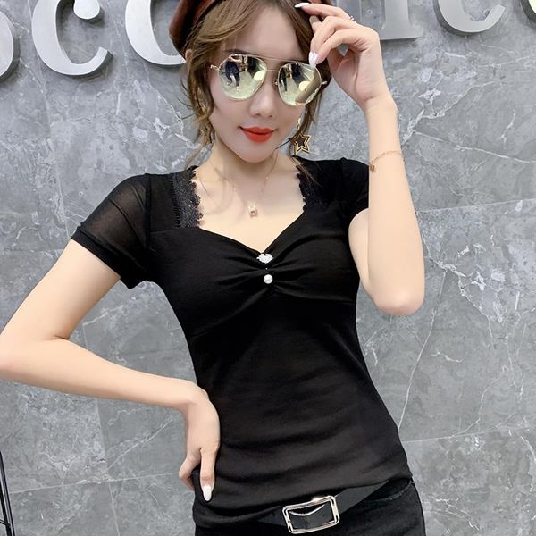 

summer beauty new lace stitching back thin brim small unlined upper garment of a t-shirt with short sleeves jacket female, White