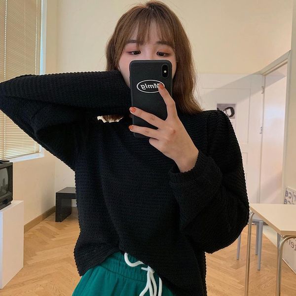 

women's t-shirt thick jacquard knitted puff sleeve short bottoming shirt female solid color long-sleeved ladies casual top, White