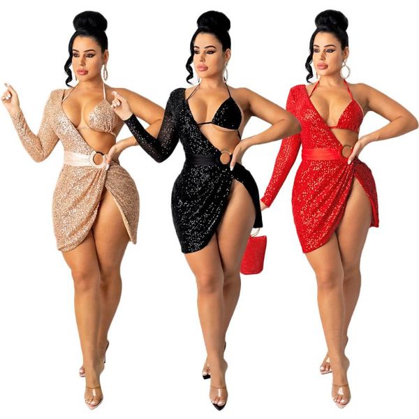 

casual dresses 2021 women's pullover v-neck high waist hook flower hollow out bead piece backless sequin party dress underwear, Black;gray