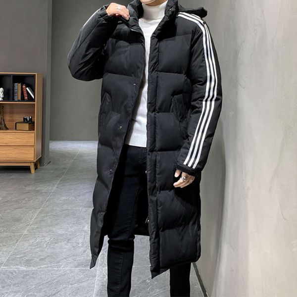 

2020 new men's medium long cotton padded jacket korean leisure style three bar coat thickened couple down jacketwinter, Black