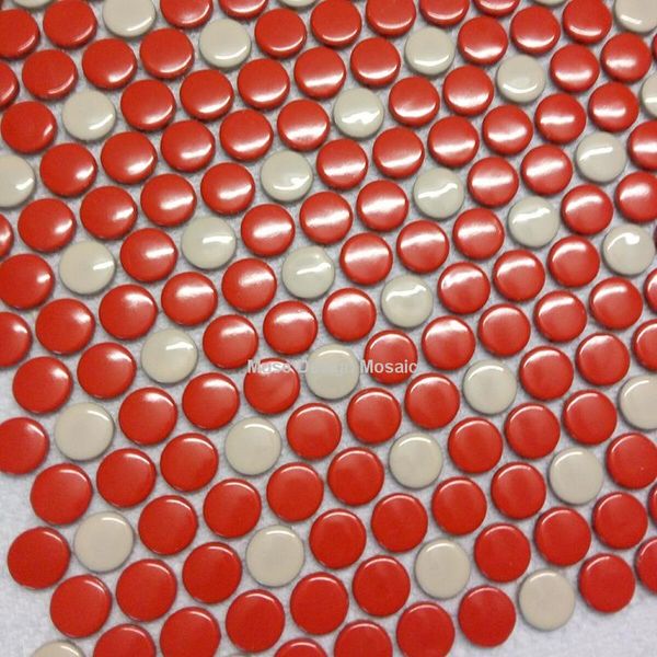 Carte da parati Piastrelle a mosaico in ceramica bianca rossa lucida rotonda Penny, Piastrelle da pavimento per piastrelle da parete per bagno doccia moderna, Decorazioni per la casa per carta da parati
