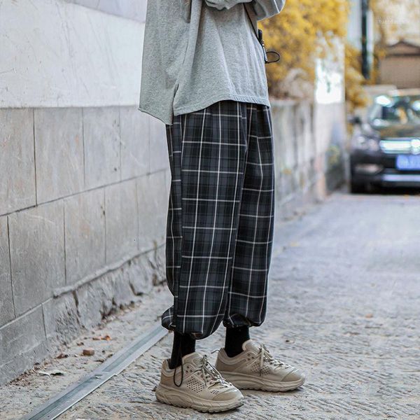 

men's pants 2021 men's lattice printing casual male loose sports bound feet elastic waist haren black trousers large size m-5xl1