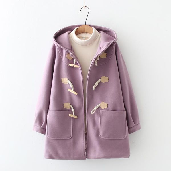 

women's wool & blends lolibook japanese solid 2021 winter preppy style hooded long sleeve horn buckle coat padded warm pocket sweet woo, Black