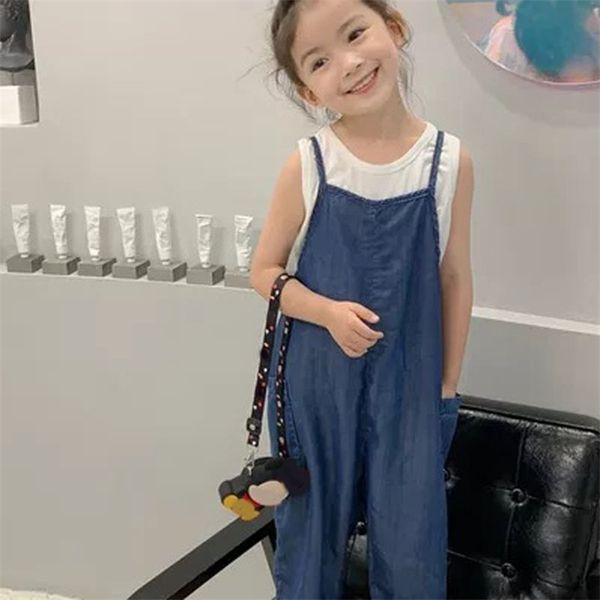 Spring and Summer Girls 'Calças Estilo Coreano Suspcionistas Denim Solto Jumpsuit Calças Bebê Crianças Roupas Infantil Roupas 210625