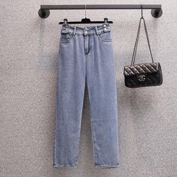 

women's jeans large 2021 spring dress fat sister mm fashionable versatile loose and slim casual harem pants, Blue