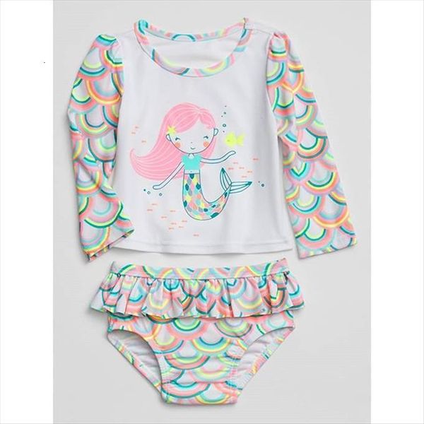 

0 4y summer lovely kids girls swimwear suit cartoon print long sleeve pullover ruffles shorts, White