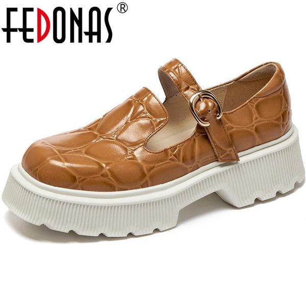 

dress shoes fedonas round toe for women platform genuine leather japanese style woman 2021 spring working chunky heels pumps, Black