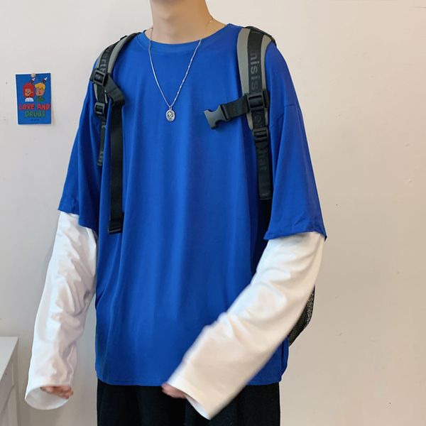 

2021 spring cotton fake two-piece t-shirt men's fashion casual o-neck t shirt men streetwear long-sleeved tshirt mens 8798, White;black