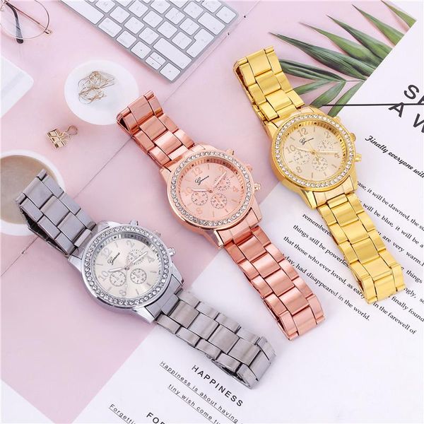 

wristwatches watches women fashion ladies gold steel quartz watch geneva crystal rhinestons wristwatch, Slivery;brown