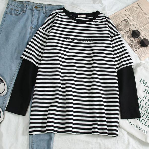 

autumn long sleeve casual loose stripe patchwork tshirt harajuku funny fake two pieces t shirt korean women t-shirts black, White