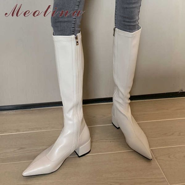 

meotina knee high boots women shoes pointed toe thick heels lady boots zipper mid heel streych long boots autumn winter beige 43 210608, Black