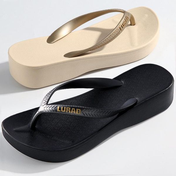 

summer simple mid-heeled flip flops thick-soled outer wear flip-flops seaside slope sandals and slippers beach shoes tide, Black