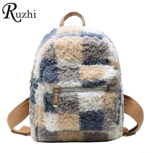 

latticed faux fur shoulders bag cute furry bag color contrast teddy plush women backpack new winter bags for women 2021 mini bag y1105