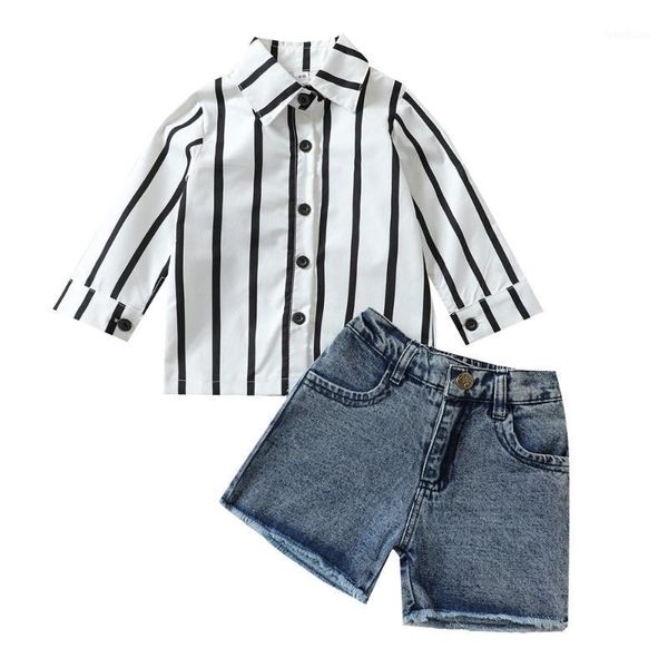 

clothing sets 2pcs kids summer tracksuits, stripe long sleeve buttons shirt + denim shorts for girls 2021 fashion1, White