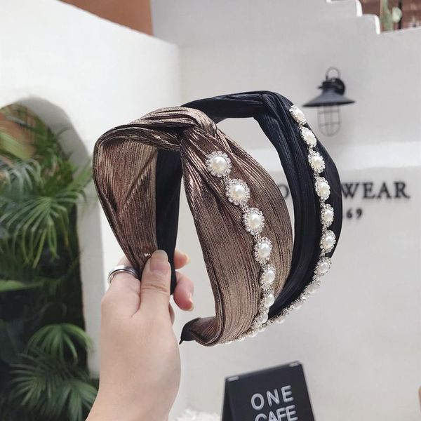 

hair accessories bronzing colorful fabric striped headbands for women pearl rhinestone cross hairband flower crown personality