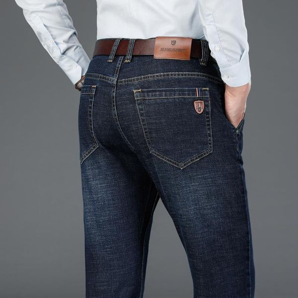 

men's jeans voreloce 2021 autumn and winter brand leather badge stretch classic style youth men's fitted straight high waist, Blue