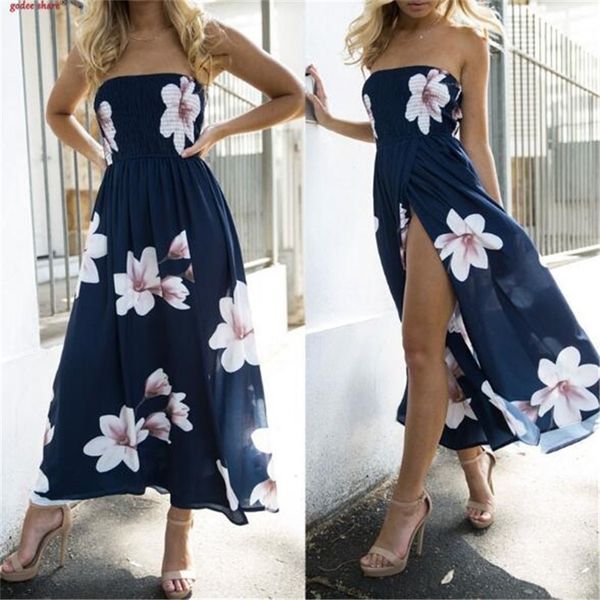 

bohemian beach dress women summer casual sleeveless split floral off shoulder maxi long boho dress clothing robe female 210309, Black;gray