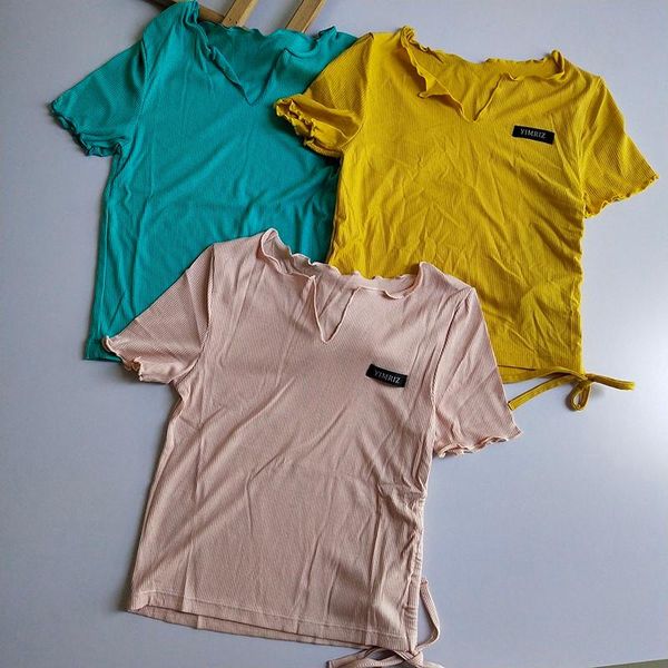 

yoga outfit drawstring short women's outdoor summer v-neck casual sleeve quick dry running thin stripe breathable fitness top