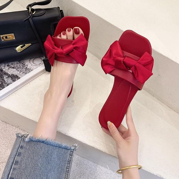 

slippers spring summer 2021 outdoor flat leather bow non-slip beach lady casual all-match fashion women sandals, Black