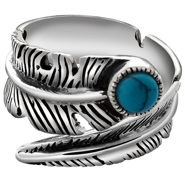 

synthetic turquoise open feather men's and women's ring tail s925 silver jewelry retro thai