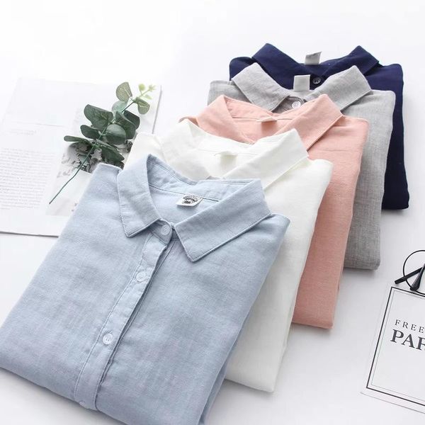

women's blouses & shirts solid color cotton linen blouse women spring autumn casual loose turn-down collar long sleeve soft blusas stud, White