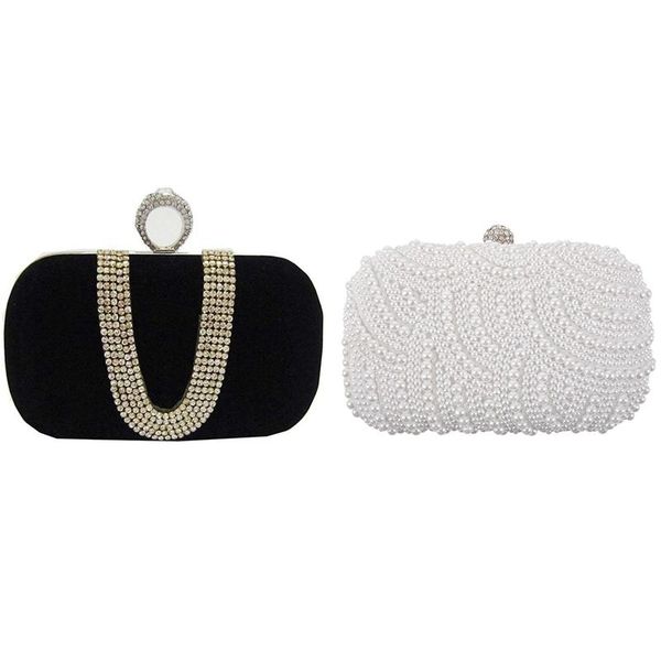

cross body clutch bag beaded party bridal handbag wedding evening purse & suede velvet rhinestone stud one ring bag(black)