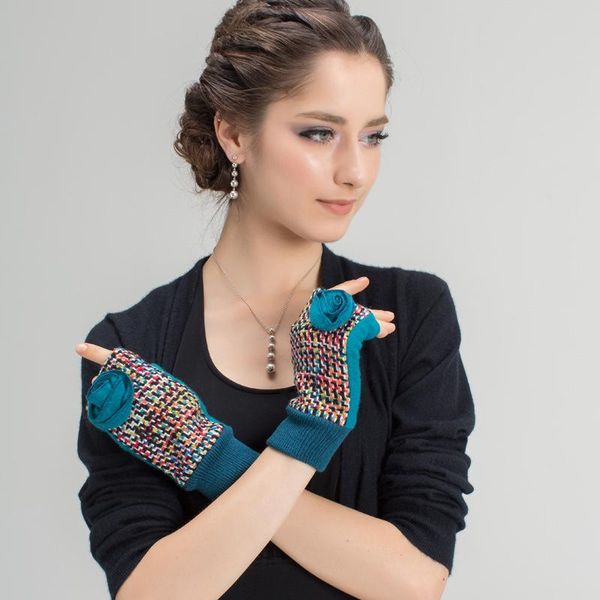 

five fingers gloves fingerless women winter warm wool fur half finger elastic knit wrist driving typing female mittens, Blue;gray