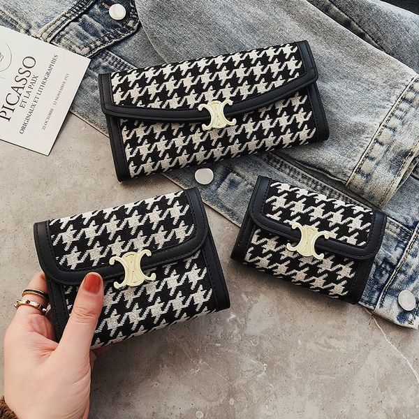 

small wallet womens short 2021 new houndstooth contrast color folding card holder coin purse multiple card slots long clutch, Red;black