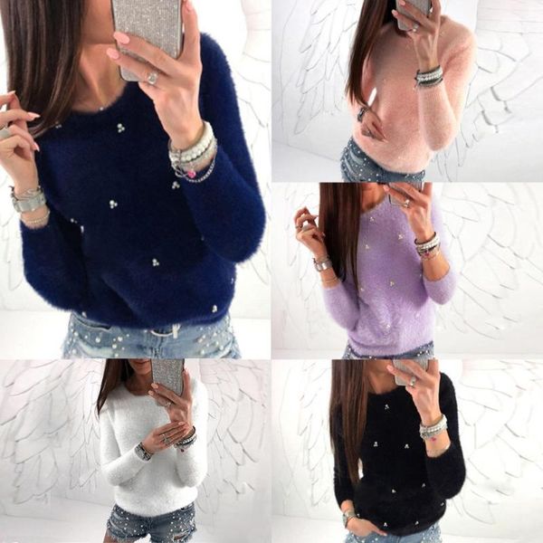 

women's sweaters winter women fashion faux pearl beading solid color plush long sleeve pullover, White;black