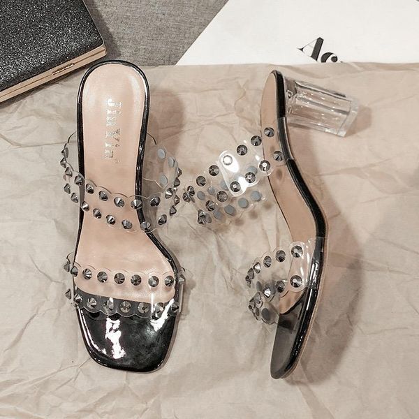 

slippers women crystal clear transparent sandals fashion block high heels slide chunky mules wedding shoes, Black