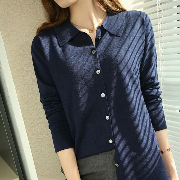 

women's knits & tees cashmere cardigan 2021 100% wool sweater casual loose knitwear plus size pure color collar shirt, White