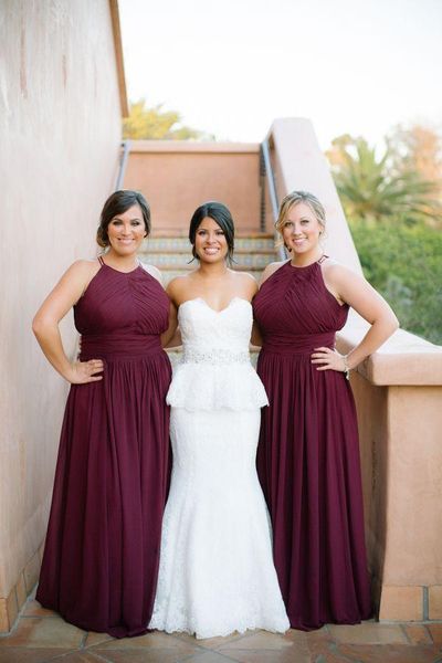 

bridesmaid dress burgundy chiffon long maid of honor halter neck ruched dresses sleeveless wedding party gowns, White;pink